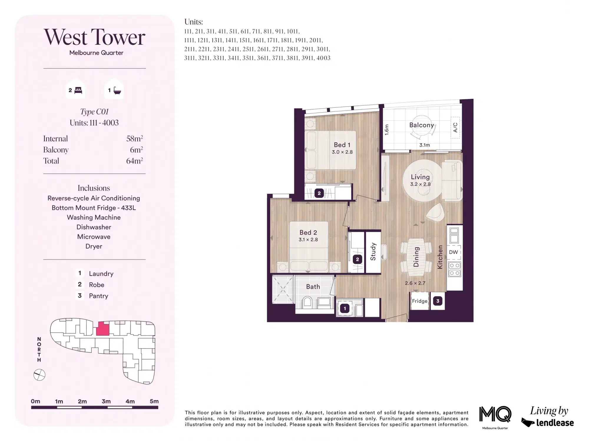 West Tower, Melbourne Quarter, Melbourne – 2 Bed 1 Bath + Study Desk (F)