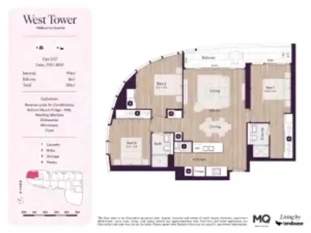 West Tower, Melbourne Quarter, Melbourne – 3 Bed 2 Bath (UF)
